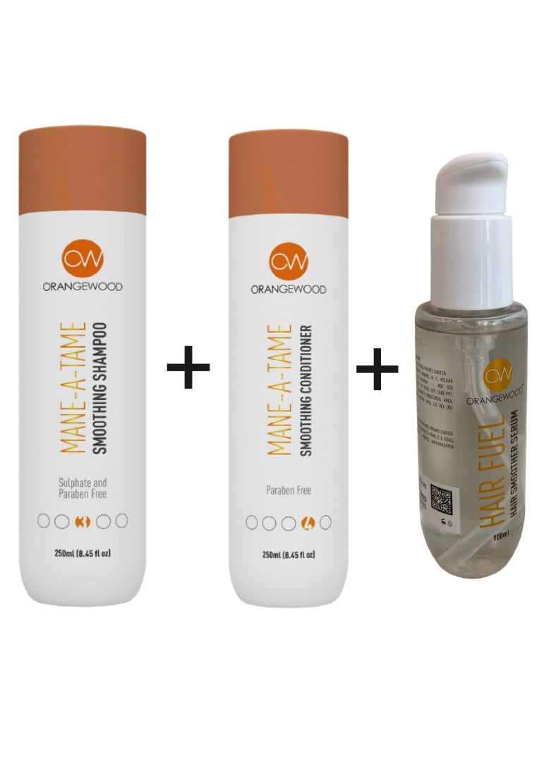 Orangewood Trio Vegan  home care kit Mane-A-Tame Smoothing 250ml  Shampoo + 250ml Conditioner +100ml Hair Fuel Serum - 250ml+250ml+100ml